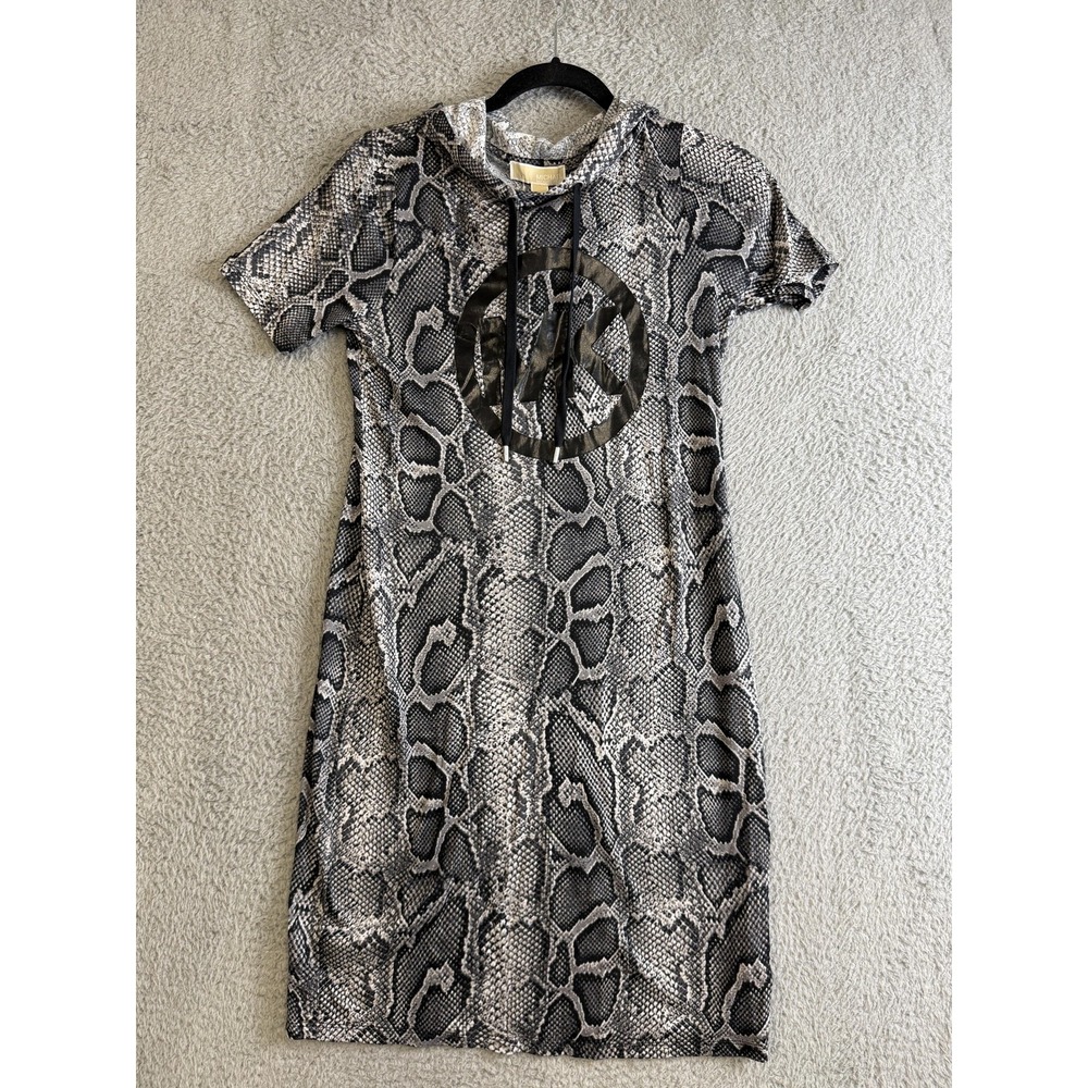Michael Michael Kors Dress Womens XS Gray Snake Print Hooded‎ Logo Short Sleeve